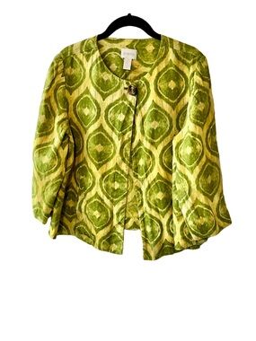Chico's Linen Ikat Printed Blazer Jacket Green Size 2  (L/12)  Single-Button